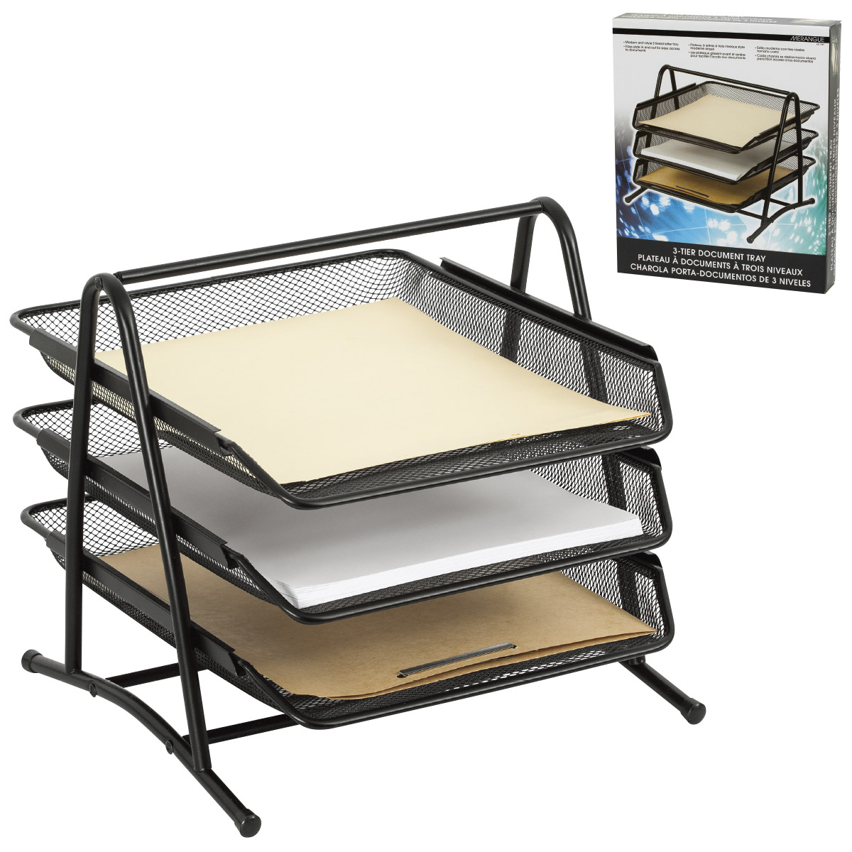 Merangue® Stackable 3-Tier Black Wire Mesh Document Tray, Letter Size