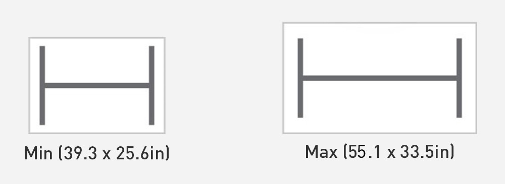Diagram showing minimum (39.3 x 25.6in) and maximum (55.1 x 33.5in) tabletop dimensions compatible with the desk frame