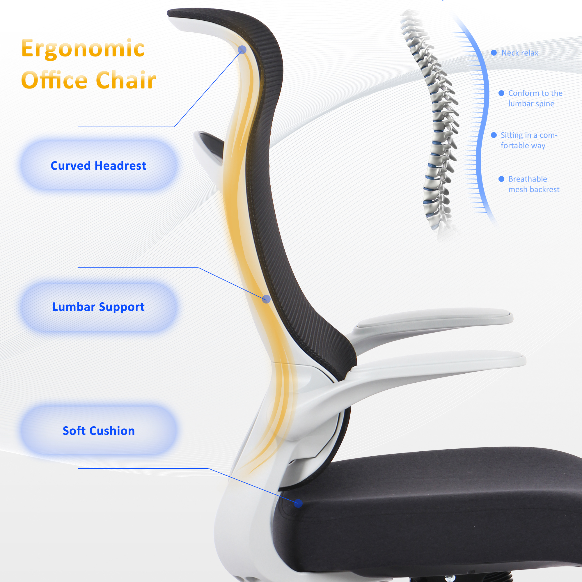 Ergonomic HighBack Mesh Office Chair with Flip Up Arms, Black Moustache®