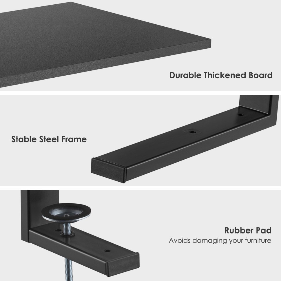 The black clamp-on monitor riser features a durable thickened board, a stable steel frame, and a rubber pad