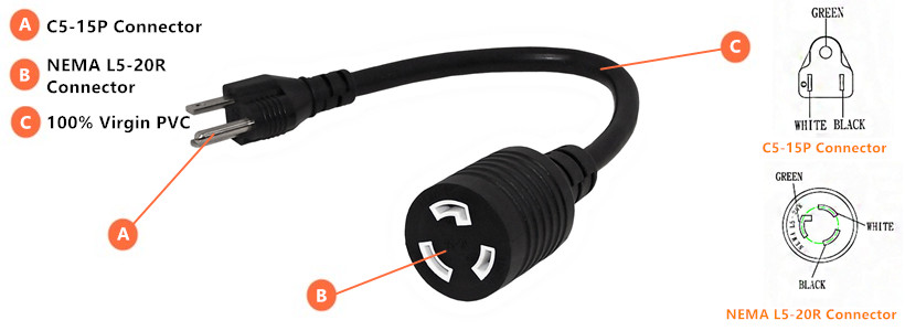 1ft NEMA 5-15P to NEMA L5-20R Power Cable - 14AWG SJT