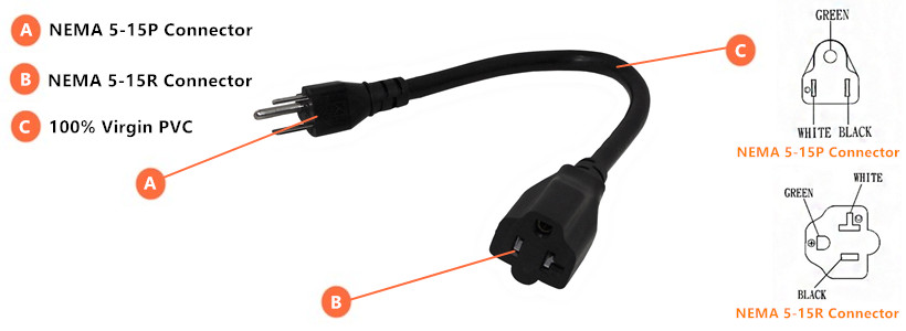 1ft NEMA 5-15P to NEMA 5-20R Power Cable - 14AWG SJT