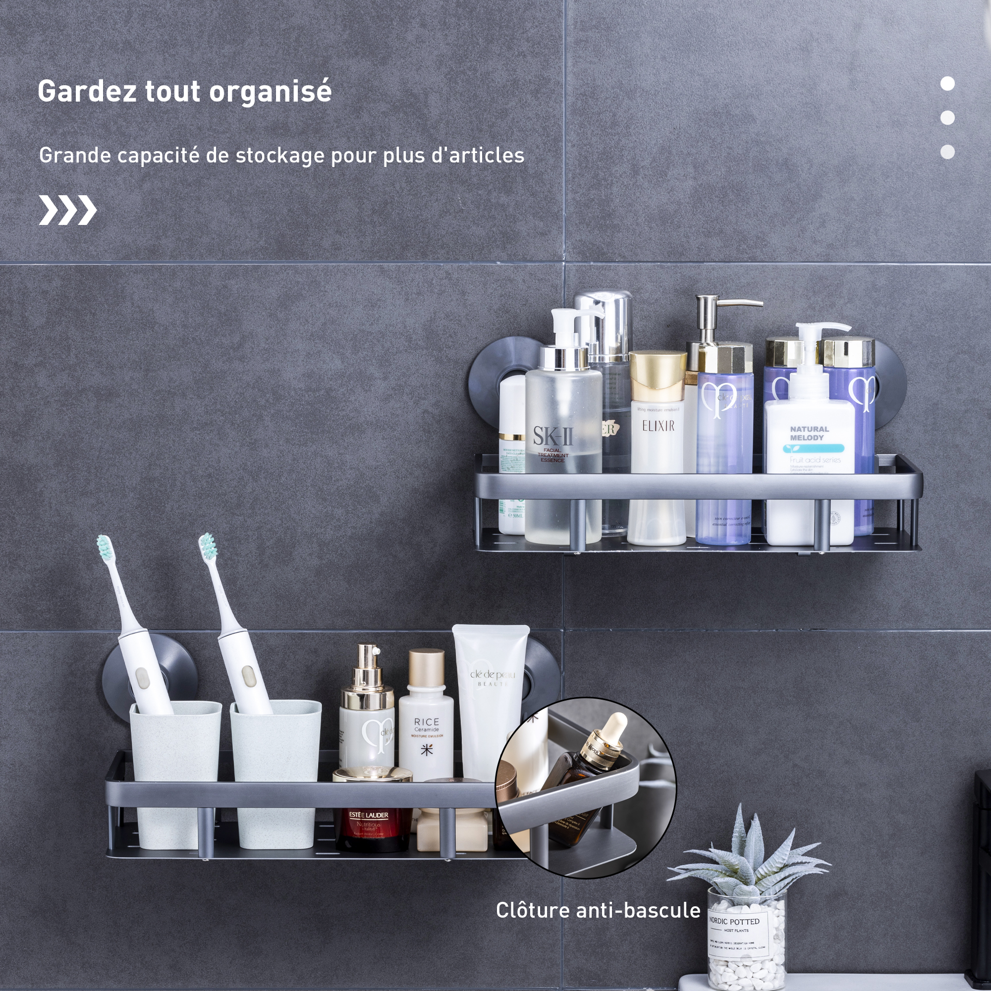 Étagère De Douche à Ventouses Forte Aspiration - Panier De Rangement Pour Salle De Bain Sans Perçage - Imperméable, Avec Trous D'écoulement - Pour Carrelage, Verre