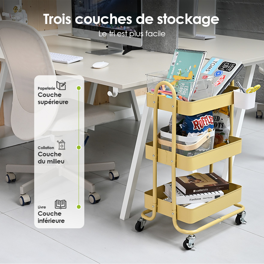 Chariot Roulant 3 étages – Organisateur Mobile Avec Roulettes – Blanc/Noir – 69x33x22 Cm – Idéal Maison, Bureau, Cuisine