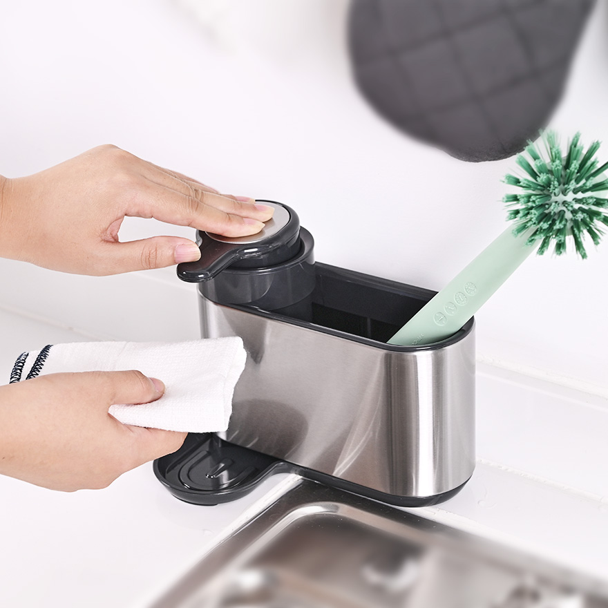 Distributeur de savon à vaisselle en acier inoxydable 2 en 1 porte-brosse évier caddy