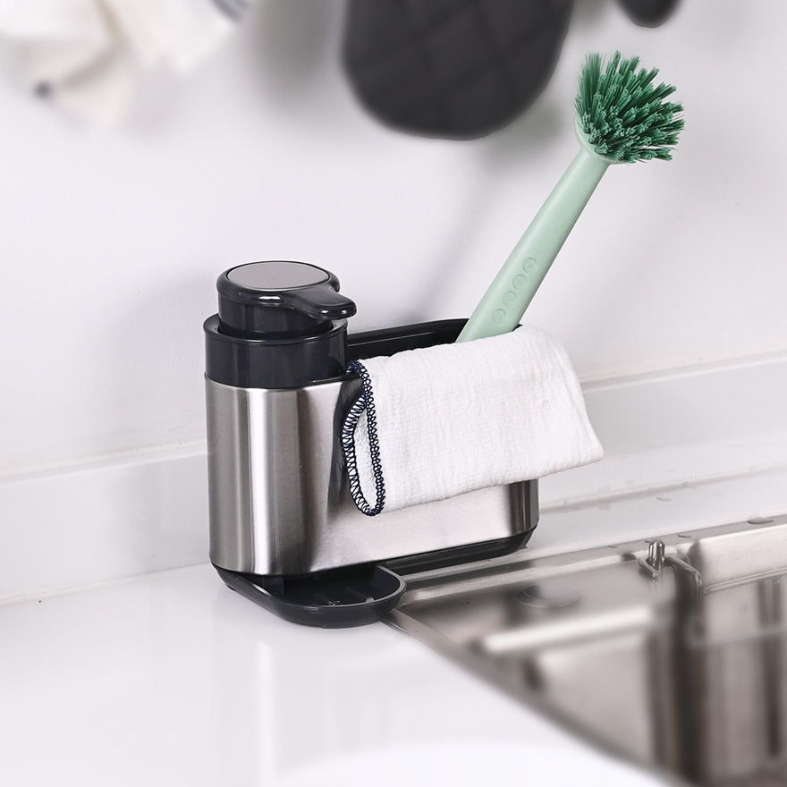 Distributeur de savon à vaisselle en acier inoxydable 2 en 1 porte-brosse évier caddy