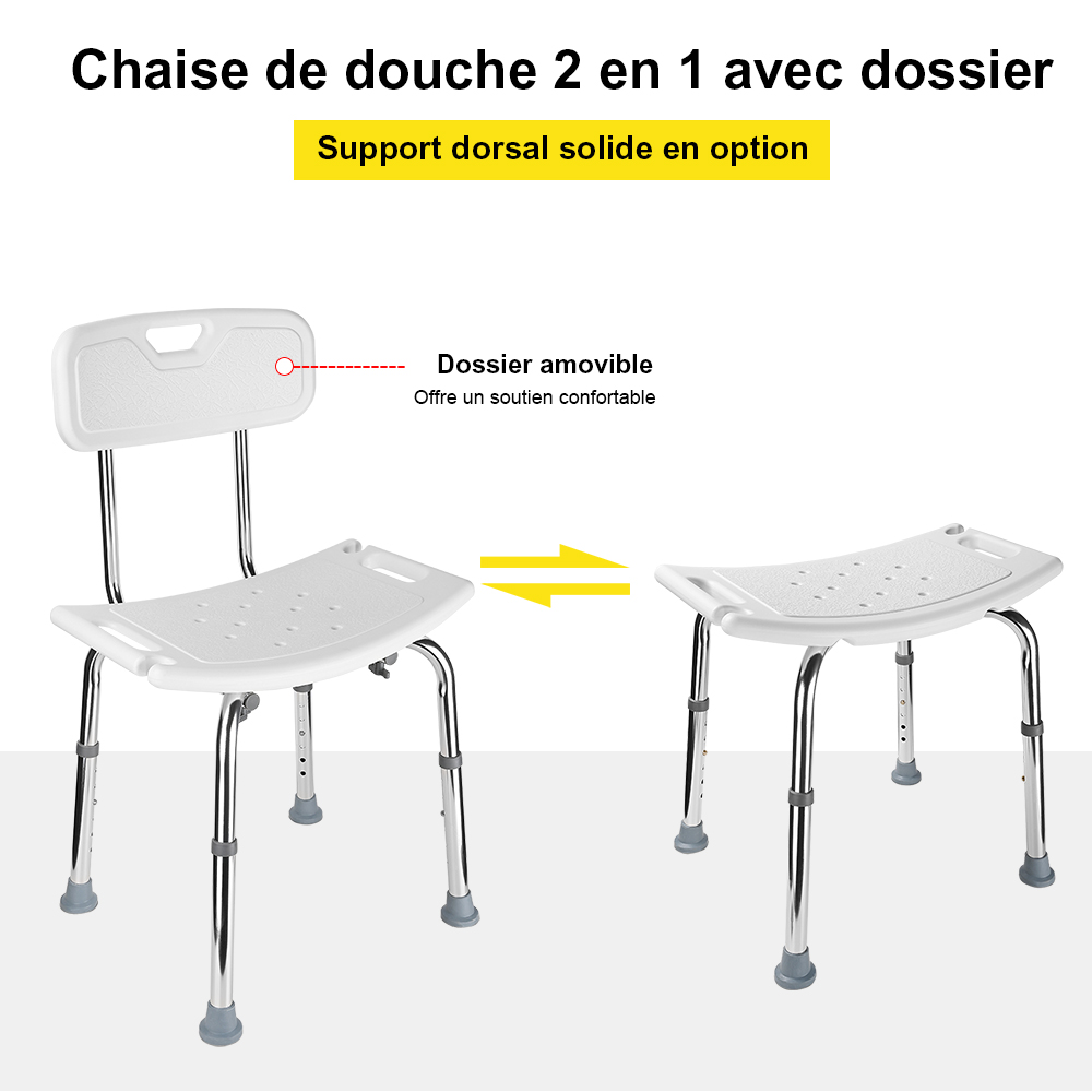 Chaise de douche médicale à montage sans outil avec dossier amovible