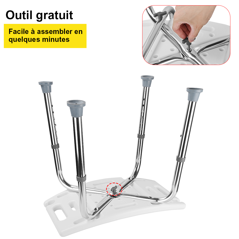 Chaise de douche médicale à montage sans outil avec dossier amovible