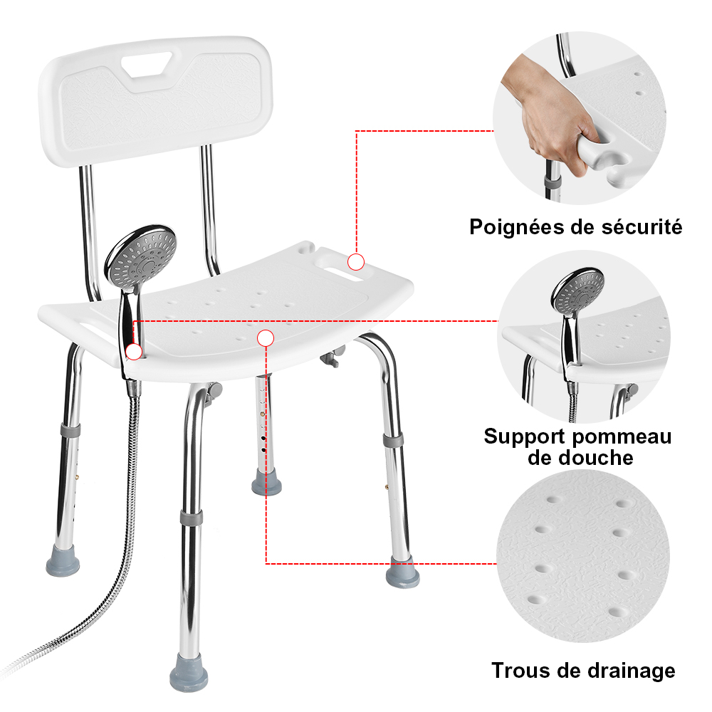 Chaise de douche médicale à montage sans outil avec dossier amovible