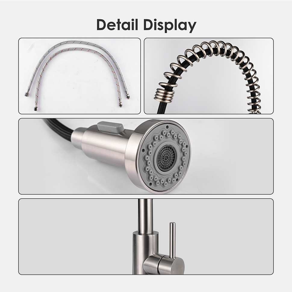 thumbnail image 2 of Brushed Nickel Pull Down Kitchen Faucet – Single Handle, 3-Mode Sprayer, Waterfall Flow 2 of 5