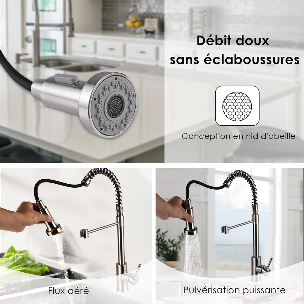 Robinet d'évier de cuisine avec pulvérisateur à ressort à poignée unique en acier inoxydable