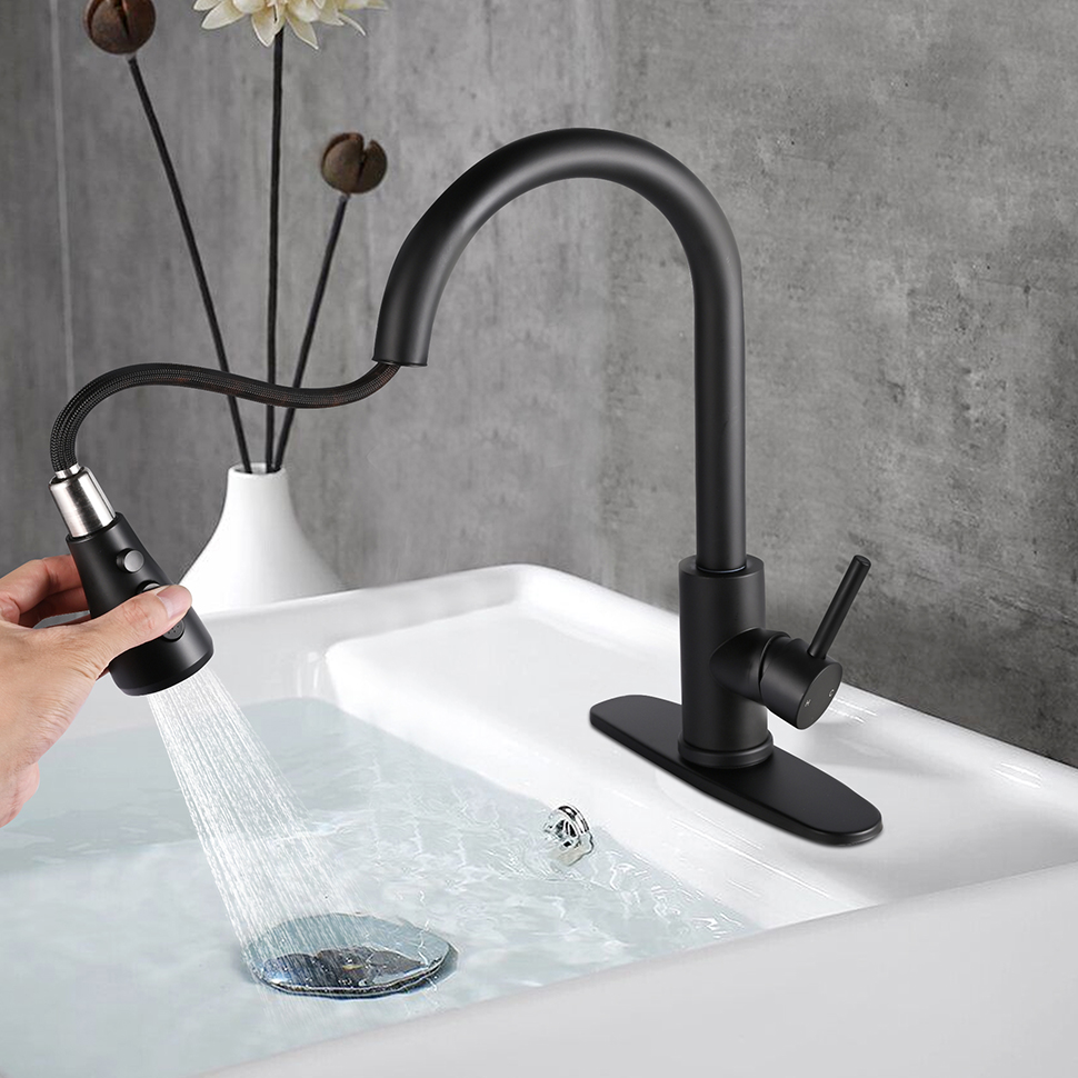 WEWE LED Pull-Down Kitchen Faucet – Matte Black, Spring Design, 1-Hole With Plate