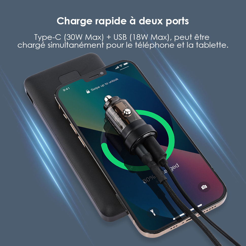 Chargeur de voiture de type C USB-A 18W + adaptateur de charge ultra rapide UBS-C 30W