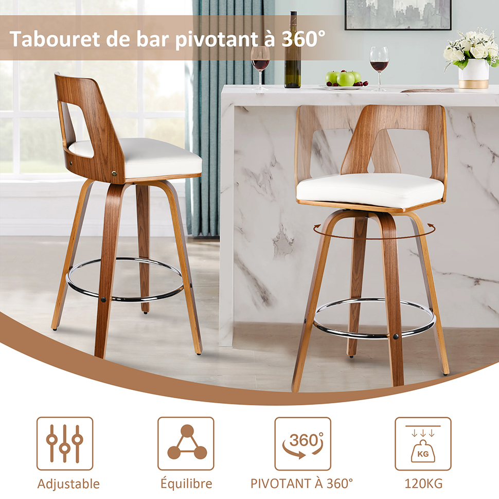 Tabourets rétro pivotants à 360° en bois
