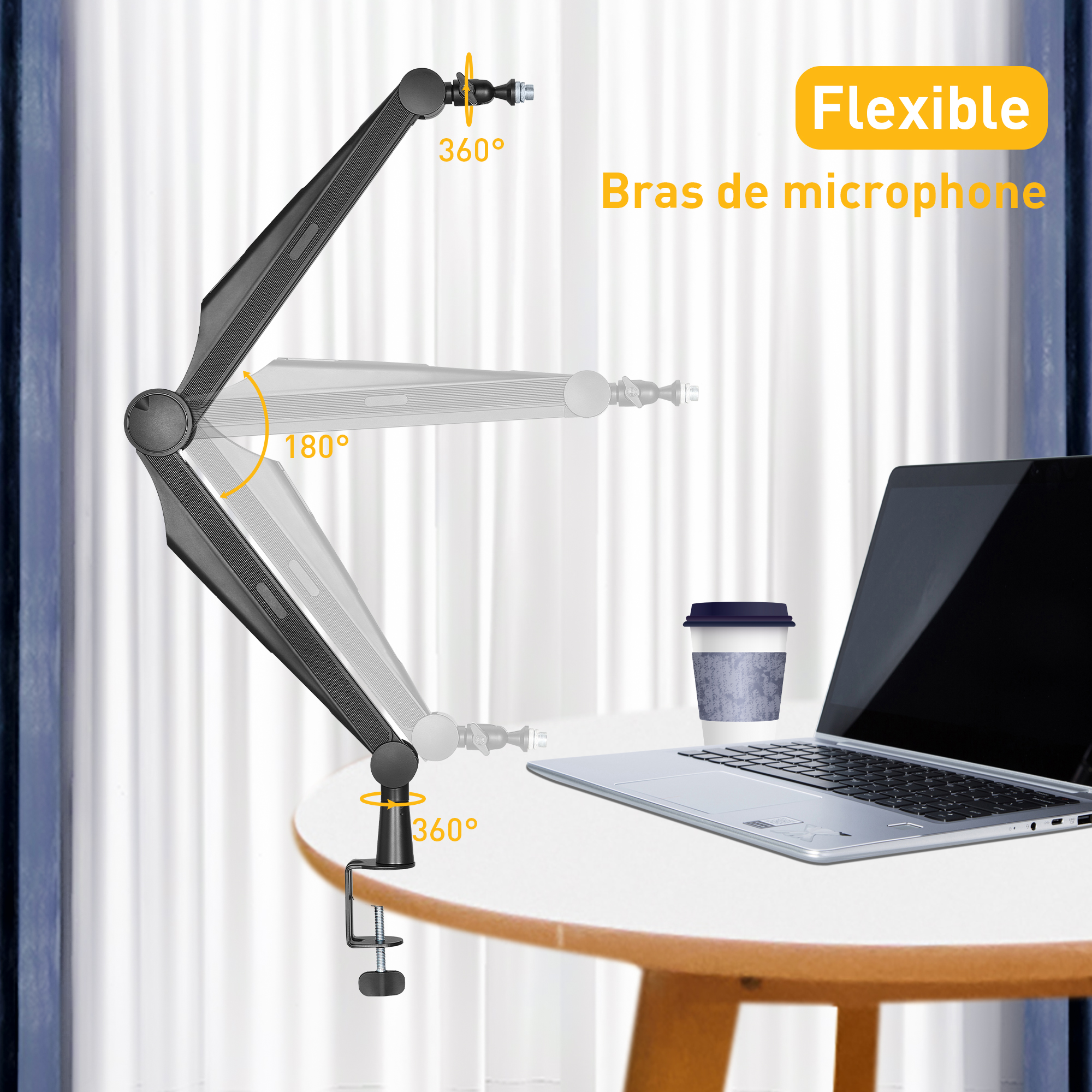 Support De Microphone à Profil Bas QWORK - Bras Métallique, Rotation 360°, Fixation 3,2-6 Cm - Pour Streaming, Podcast - 12