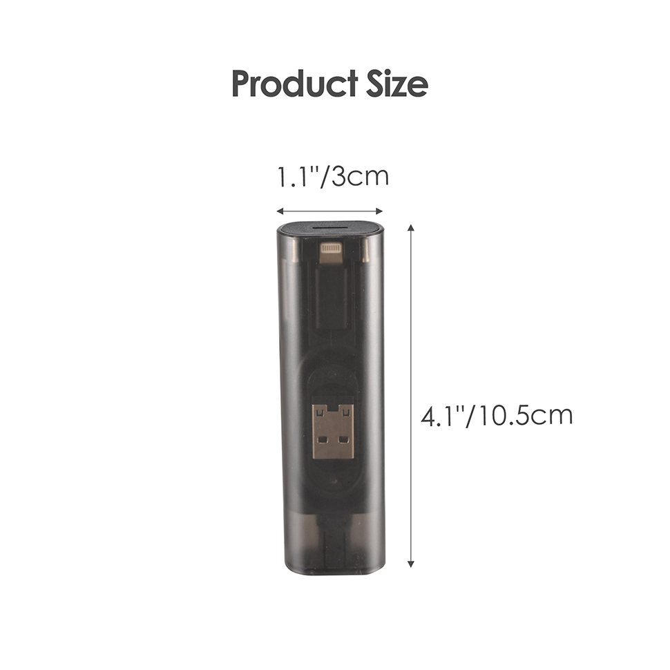 Product size details of the black USB adapter kit: 4.1'' in length and 1.1'' in width