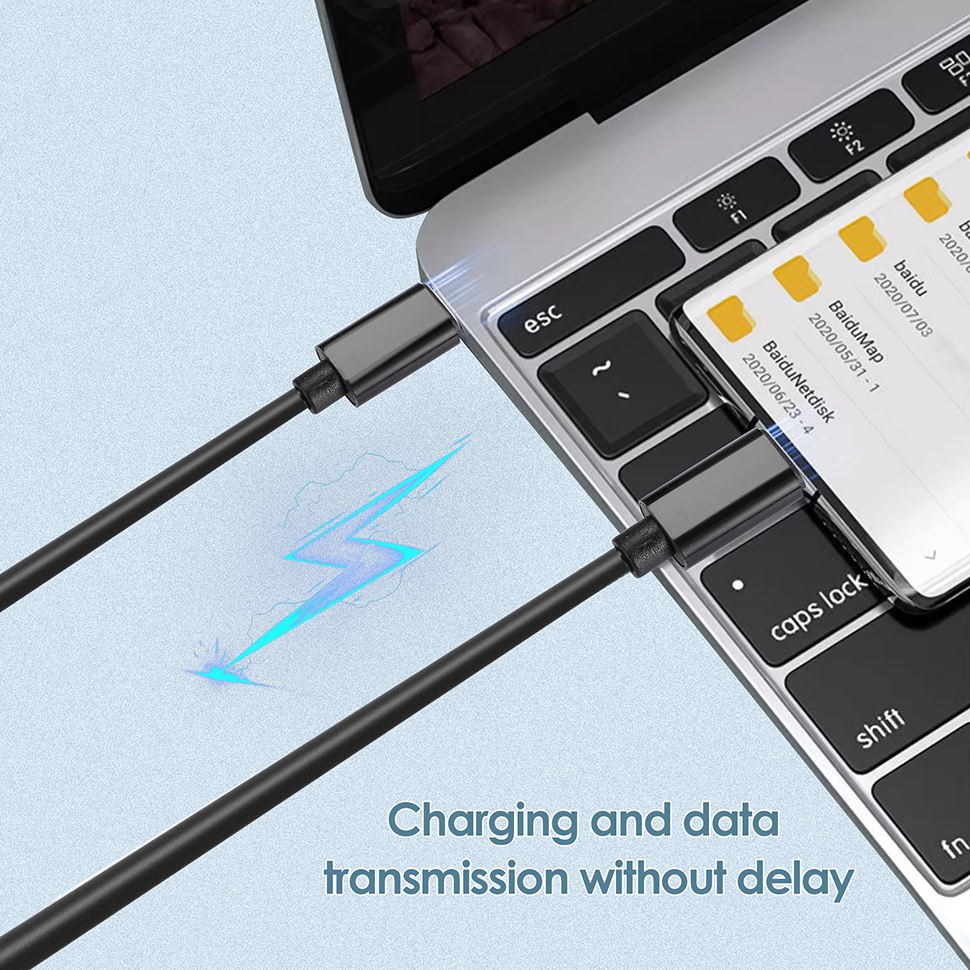 Black Type-C cable from the USB-C adapter kit connected to a laptop and smartphone, while it can fast charge & data transfer