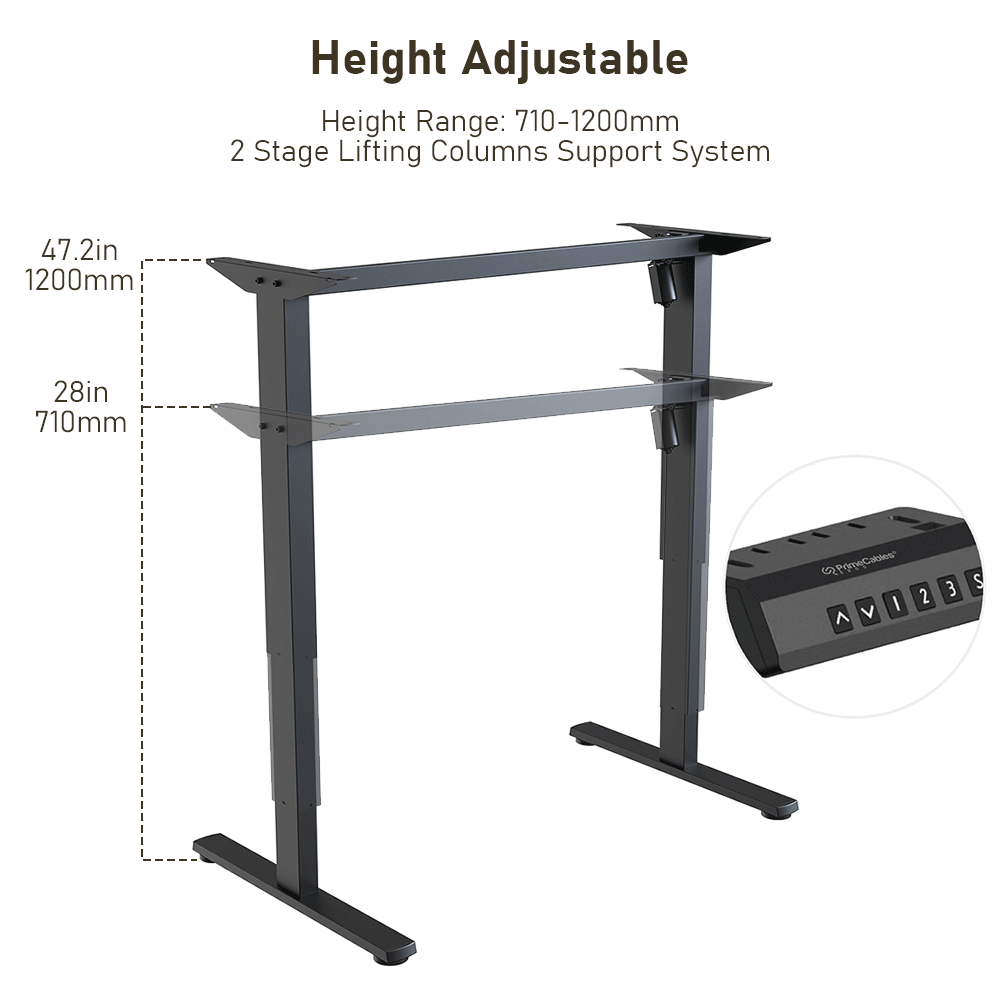 The height adjustment range of the black electric standing desk frame is from 28 inches to 47.2 inches