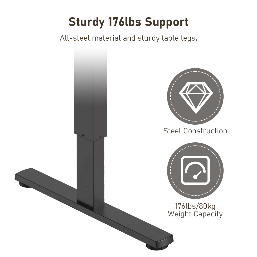 Sit and stand desk frame is made of all-steel construction and has a maximum weight capacity of 176 lbs