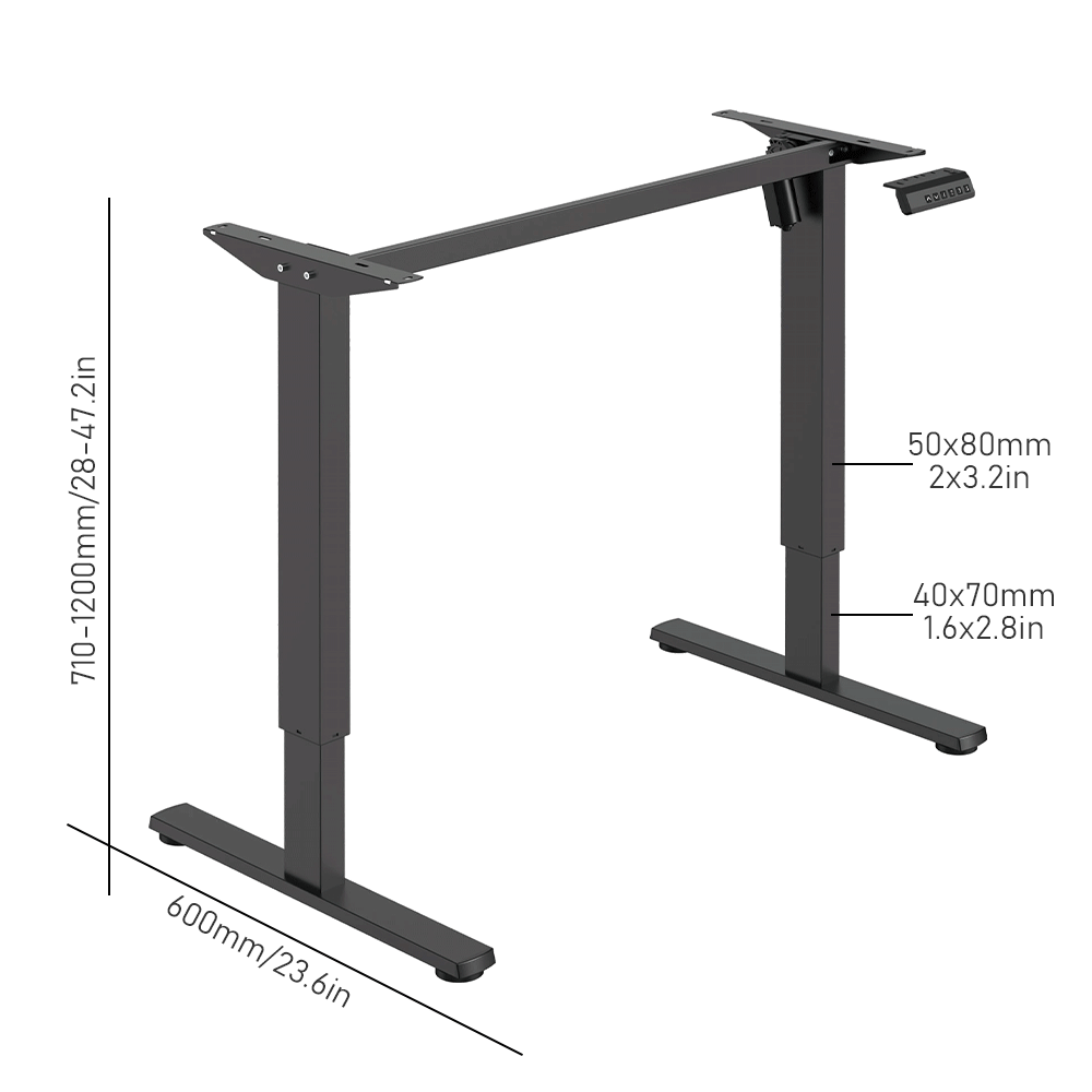 Dimension of black standing desk frame, with measurements for height, width, and leg sizes