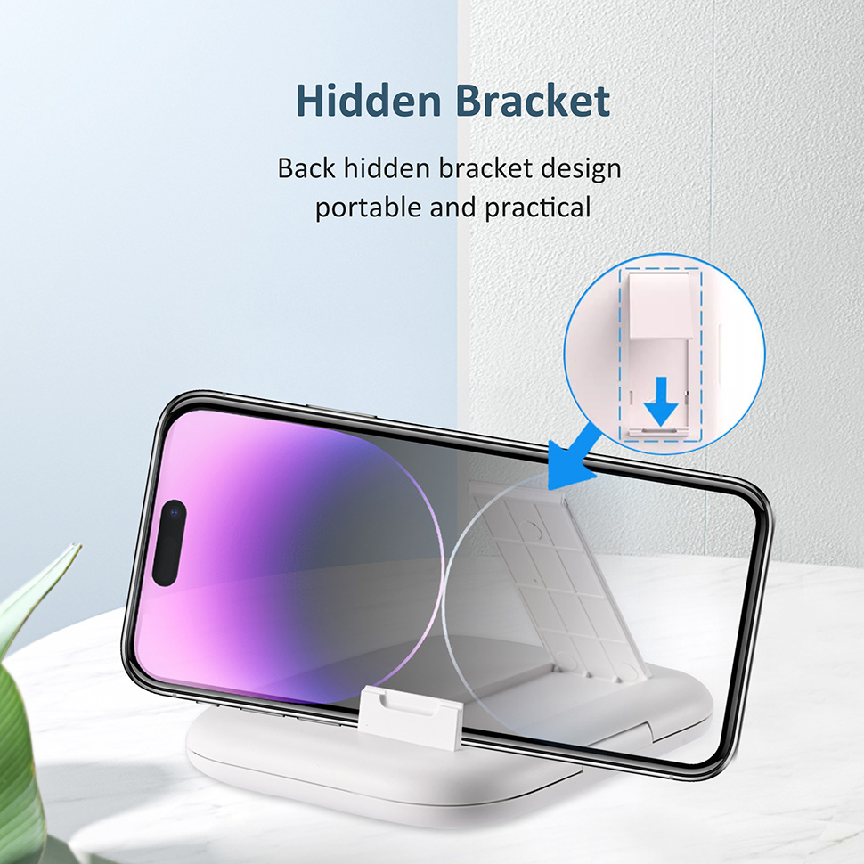 The white 4-in-1 USB-C adapter case's back hidden bracket design can hold a smartphone
