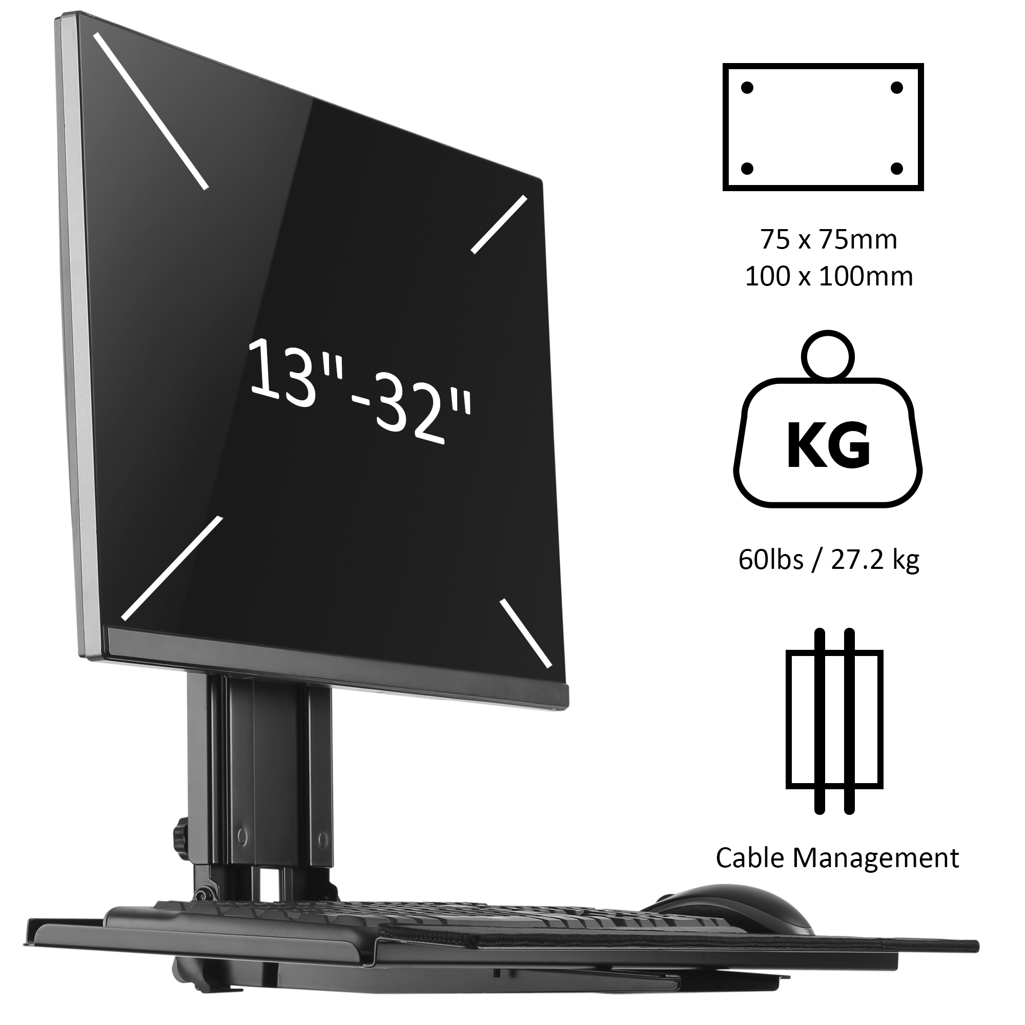 Height Adjustable Monitor and Keyboard Wall Mount with CPU Holder