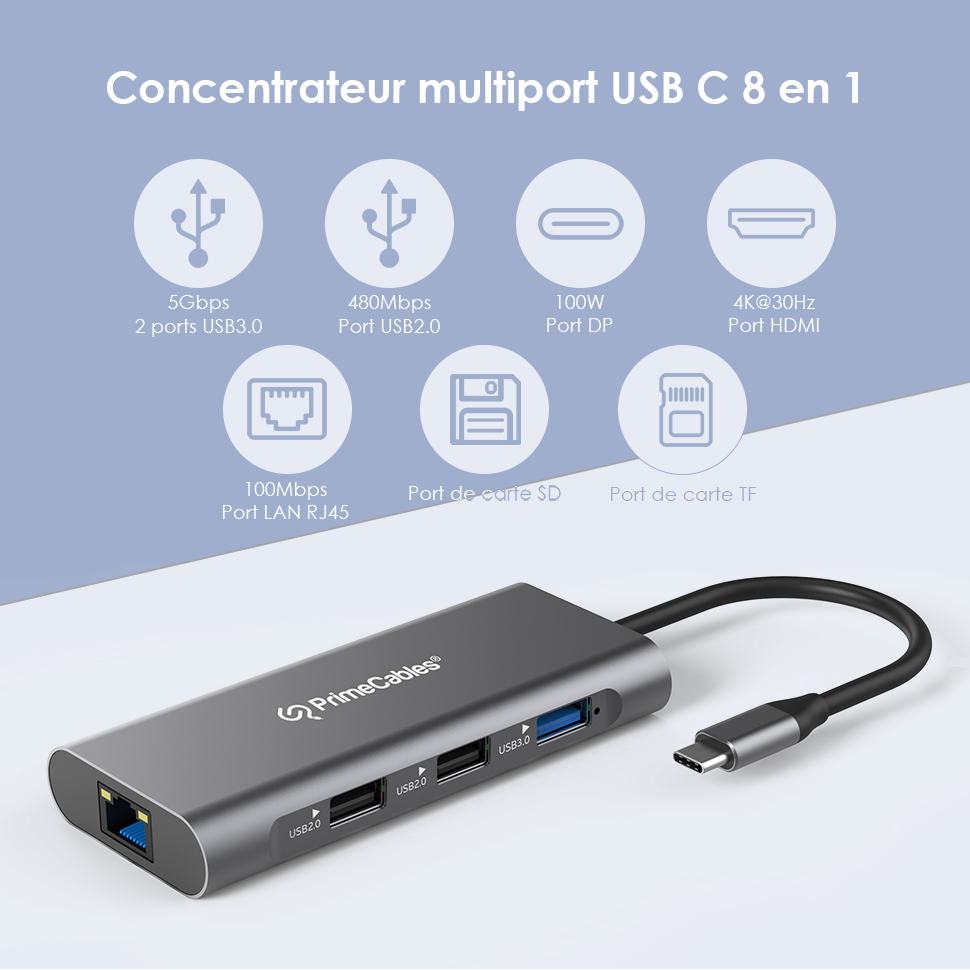 Adaptateur USB Type C 8 en 1 vers HD RJ45 Gigabit Ethernet, concentrateur USB 3.0, station d'accueil avec lecteur de carte, chargeur PD 87W, adaptateur multi 4K