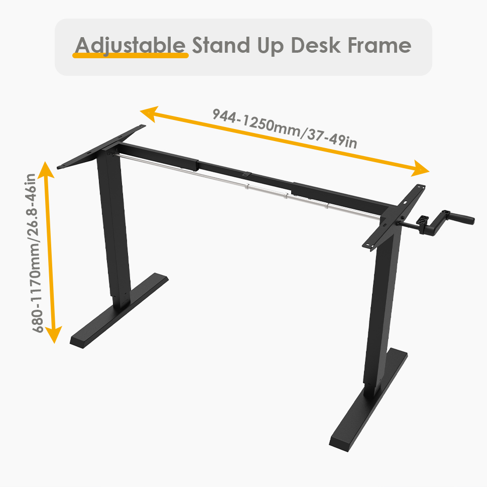 Adjustable stand-up desk frame can adjust the height from 26.8 inches to 46 inches, and the width from 37 inches to 49 inches