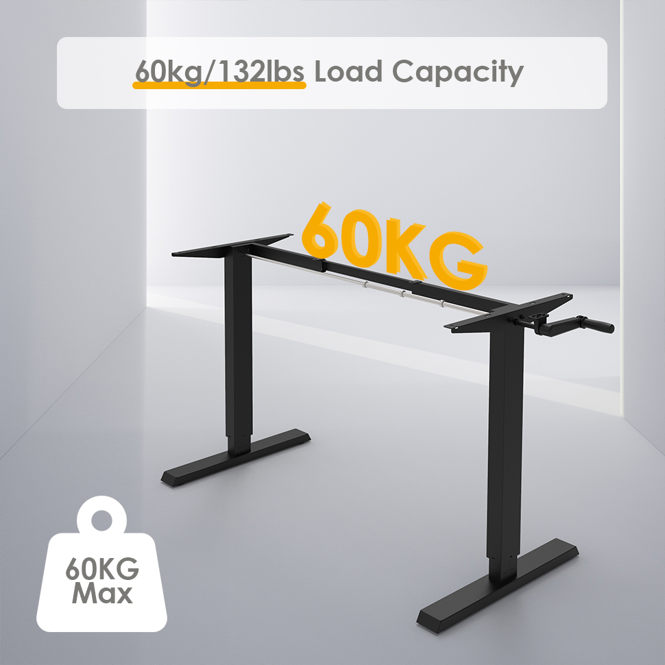 Standing desk frame has a robust load capacity of 132 lbs that can easily support your monitor and other work essentials