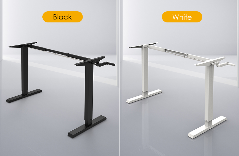 Adjustable standing desk frame available in black and white color options, featuring a crank handle for height adjustments