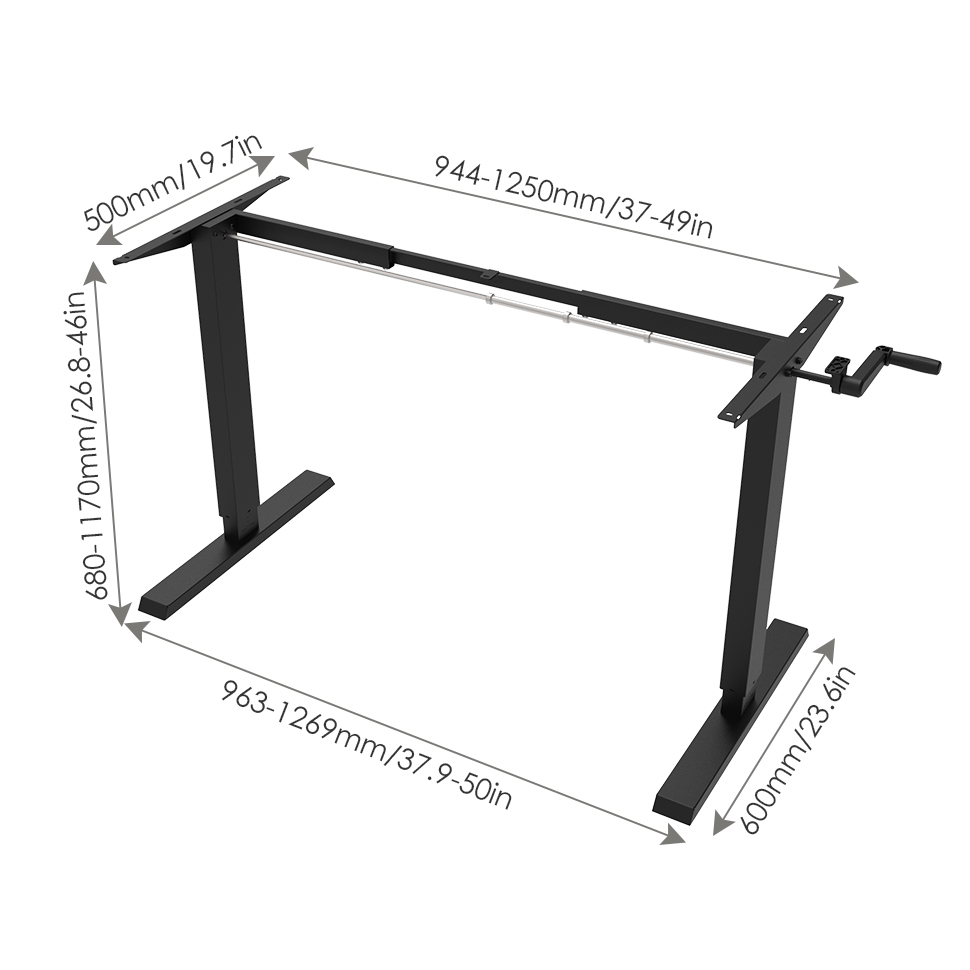 Sit-stand desk frame with a width range of 37'' to 49'', height range from 26.8'' to 46'', and depth of 23.6''