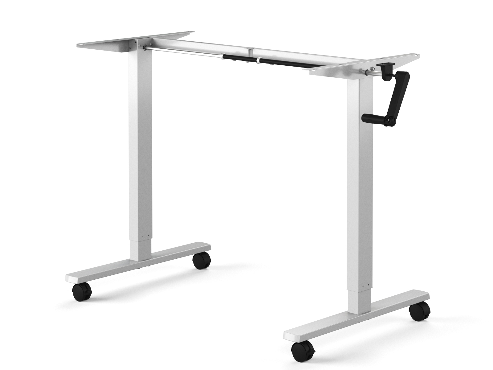 white hand-cranked ergonomic standing desk frame