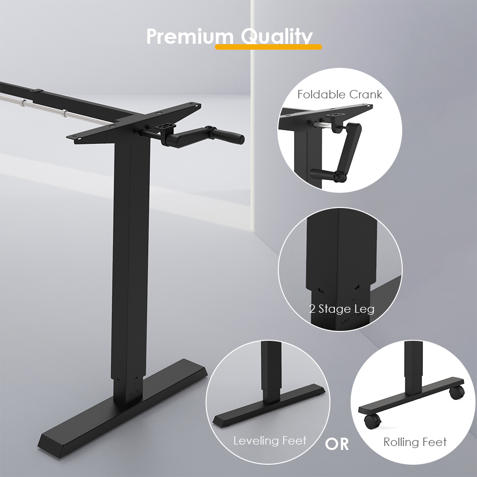 Stand-up desk frame with two-stage leg design, and can be optionally equipped with flat feet or roller feet for easy movement