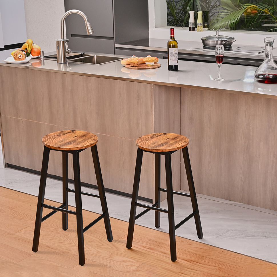 Set of Industrial Bar Stools with Rustic Board Metal Frame