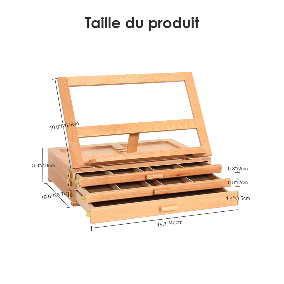 Chevalet De Table En Bois De Hêtre Avec 3 Tiroirs - Réglable Pour Toile Jusqu'à 63.5 Cm - Portable Pour Peinture, Dessin