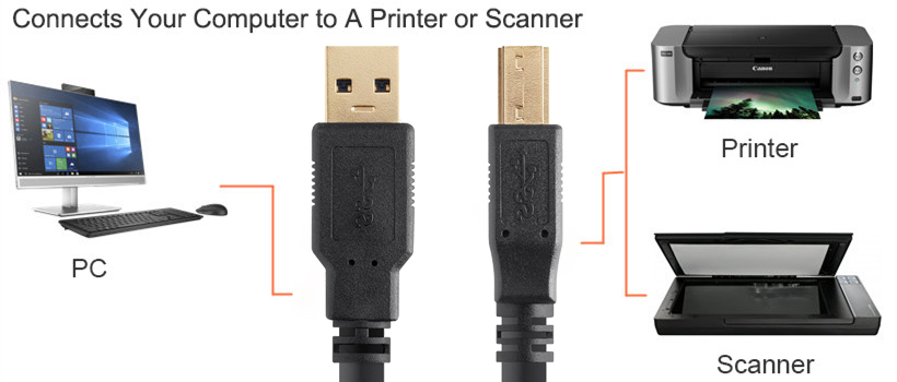 Black USB 3.0 Type-A to Type-B cable can connect your PC to the printer or scanner