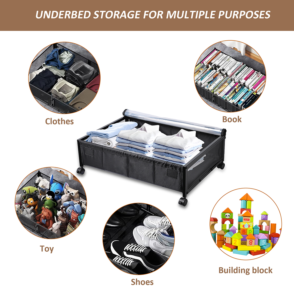 Rolling Under Bed Storage Black Underbed Cart with Wheels and Lid, 2