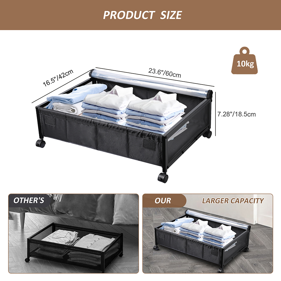 Rolling Under Bed Storage Black Underbed Cart with Wheels and Lid, 2