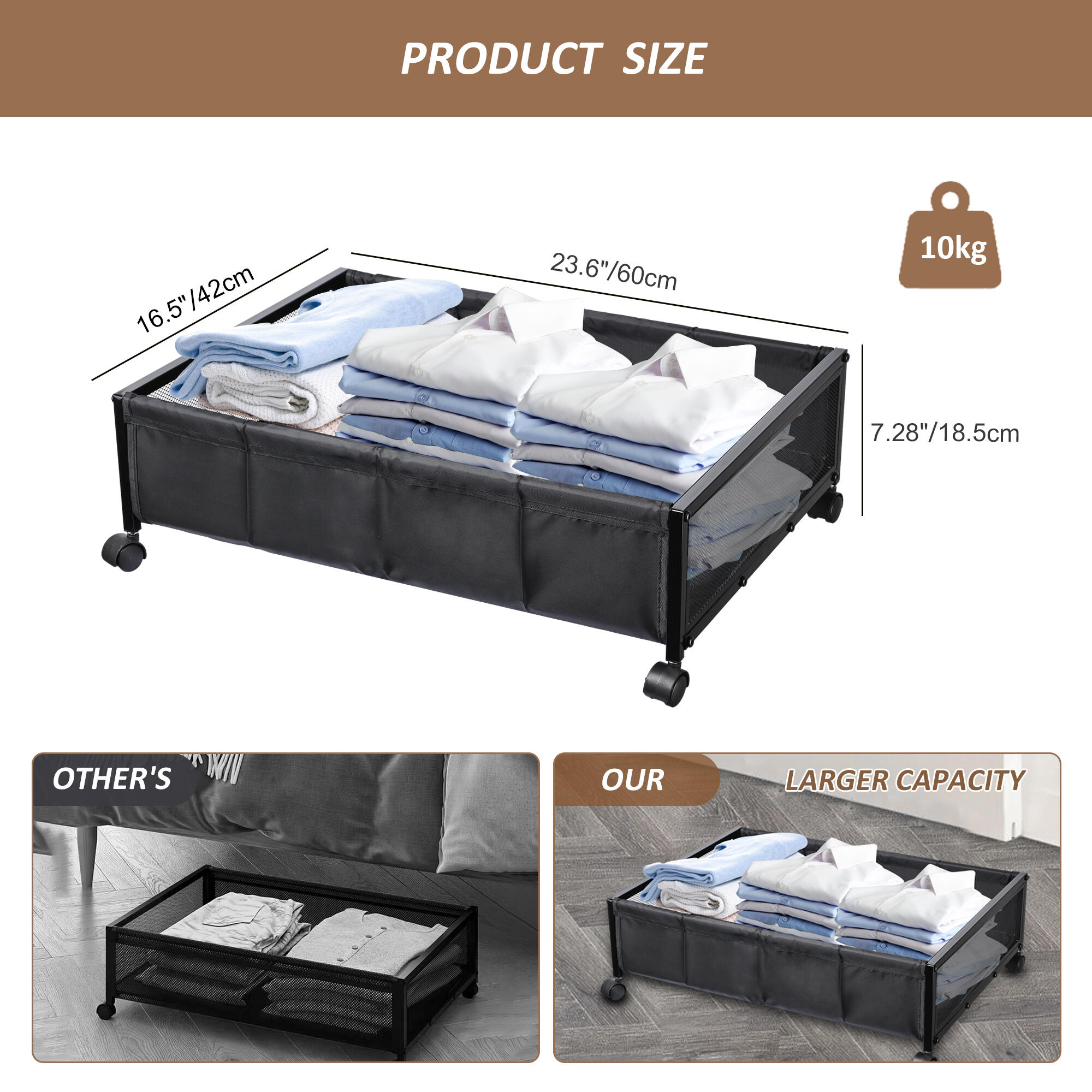 Rolling Under Bed Storage Black Underbed Cart with Wheels and Lid, 2