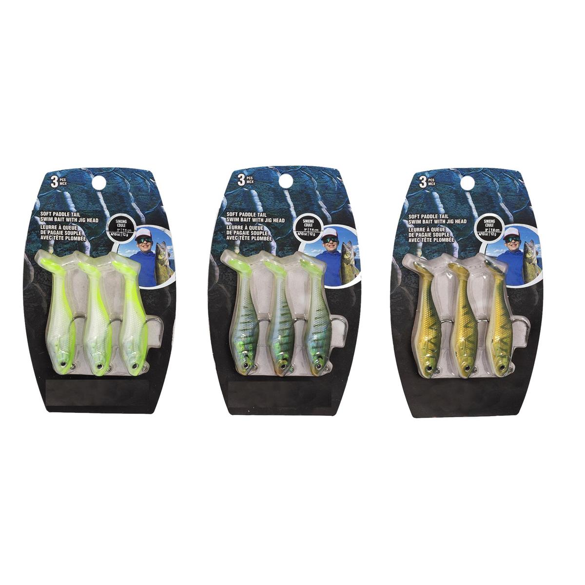 Fishing 3pk Soft Paddle Tail Swim Bait w/Jig Head, 2asst.