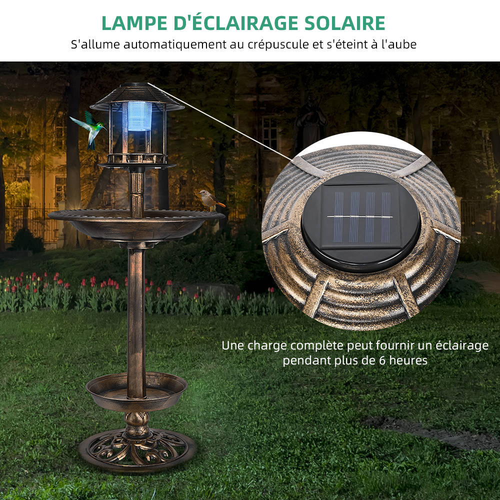Mangeoire Et Bain à Oiseaux Solaire Avec 2 Lampes - Décoration De Jardin Antique Style Bronze Vert - Pour Balcon, Terrasse Ou Pelouse