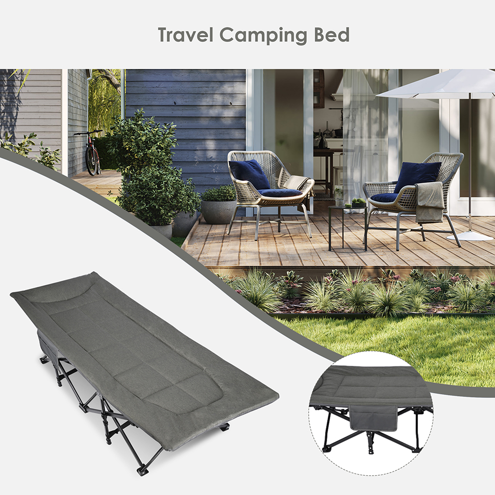 Folding Camping Cot For Adult Up To 440lbs, Portable Sleeping Cot With Black Mattress, Outdoor Heavy Duty Cot Bed For Camp With Carry Bag For Home Office Travel Vacation