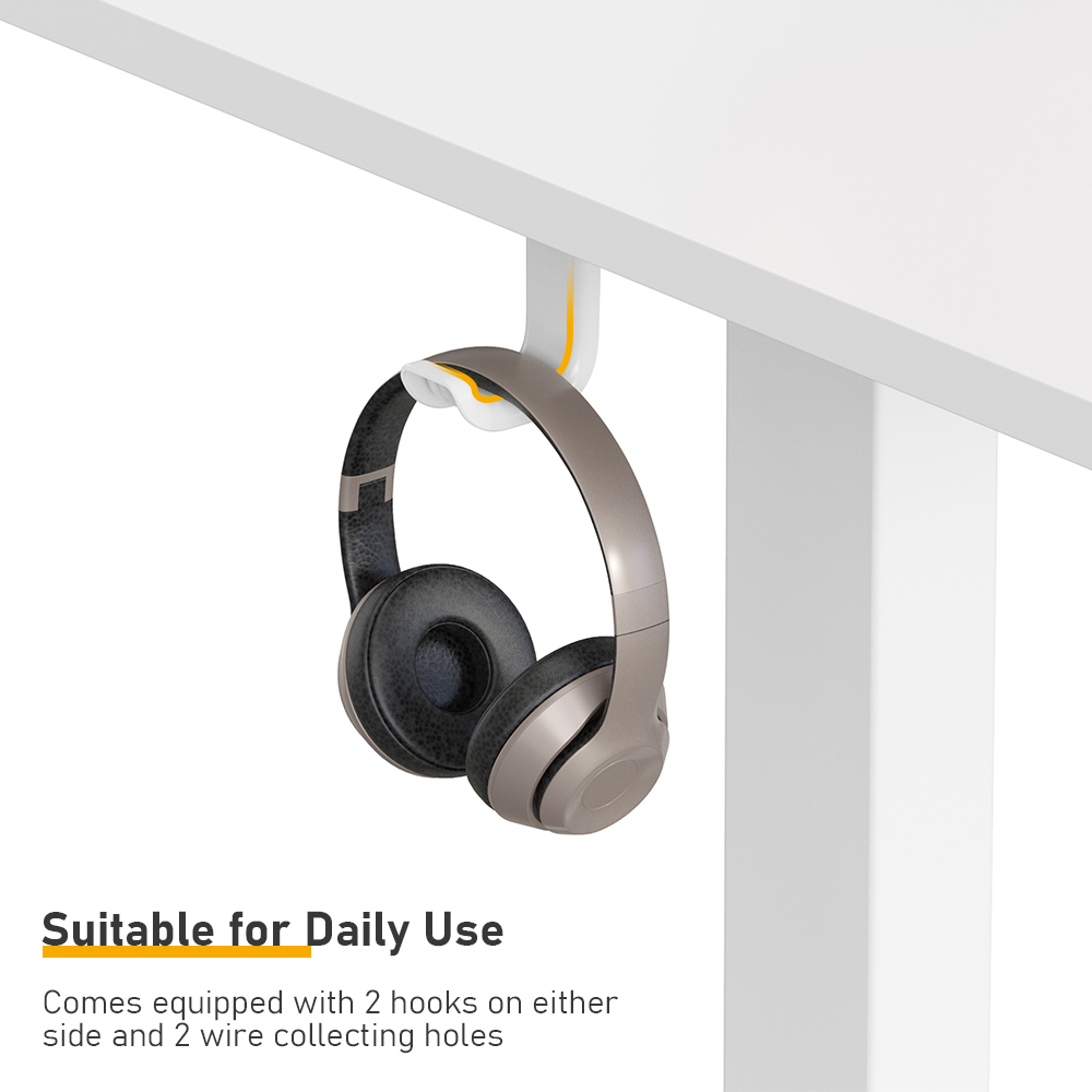 PrimeCables' white standing desk comes equipped with 2 hooks on either side and 2 wire collecting holes