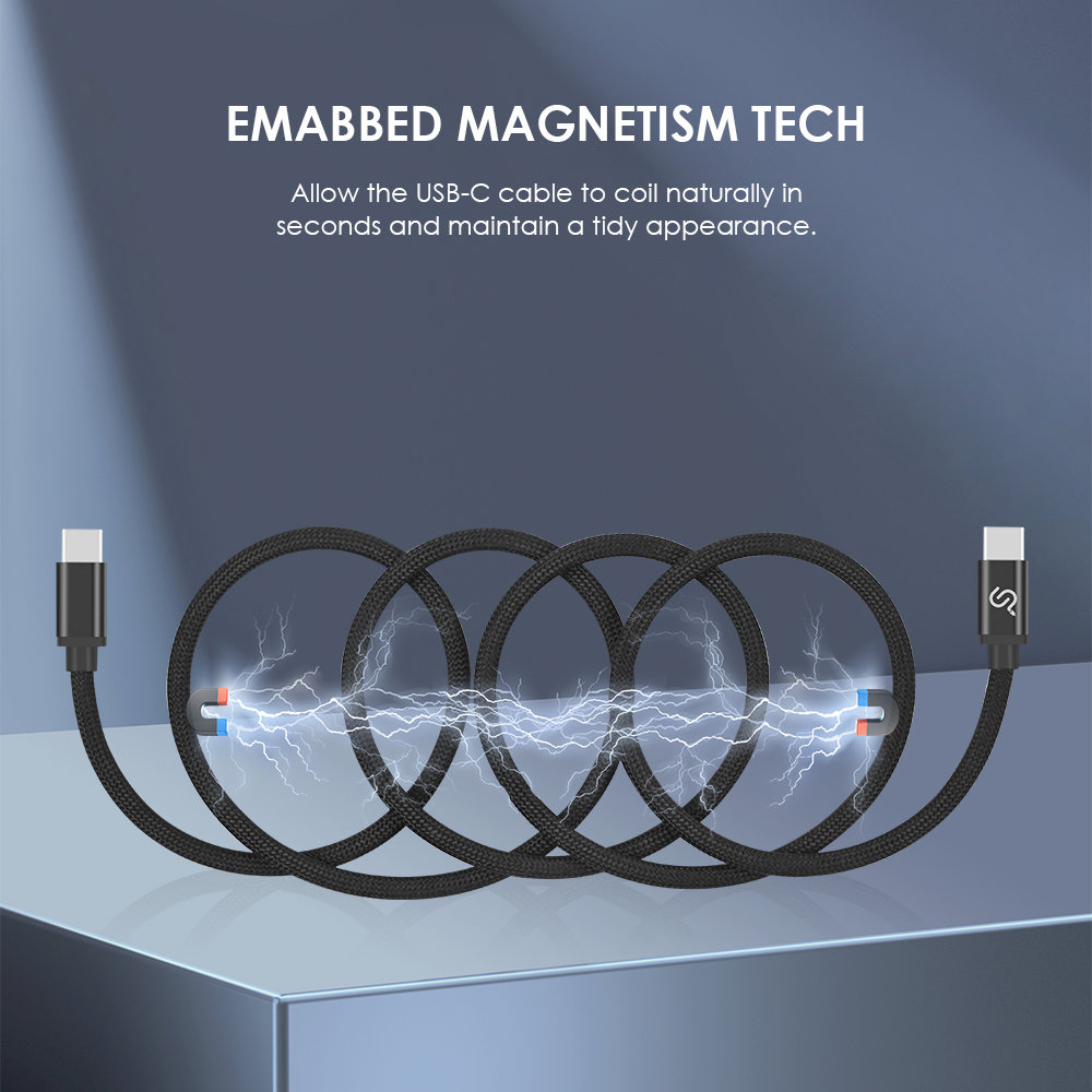 Magnetic USB-C cable demonstrating embedded magnetism technology that allows the cable to self-coil neatly and stay organized