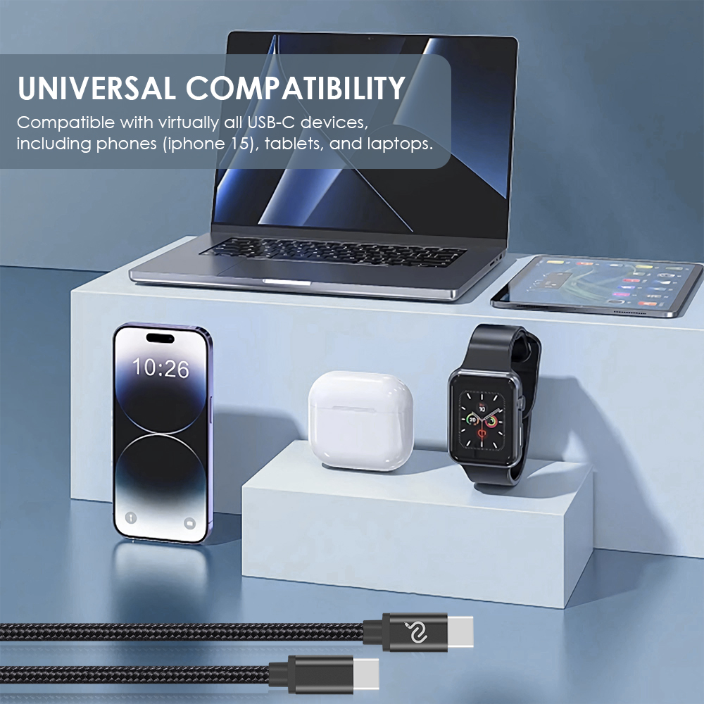 Magnetic USB-C cable displayed with laptop, smartphone, and tablet, illustrating universal compatibility with USB-C devices