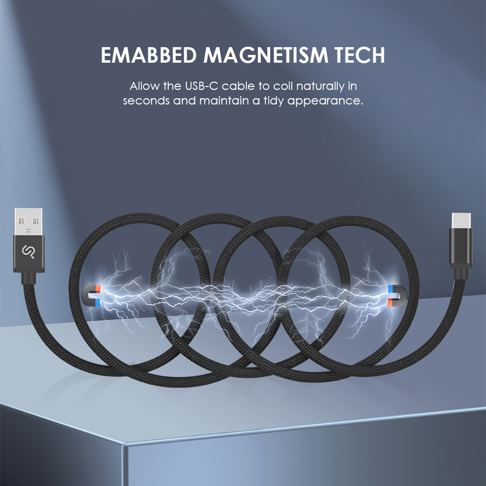 Black braided USB-A to USB-C cable with embedded magnetism tech that can coil naturally in seconds for a tidy appearance