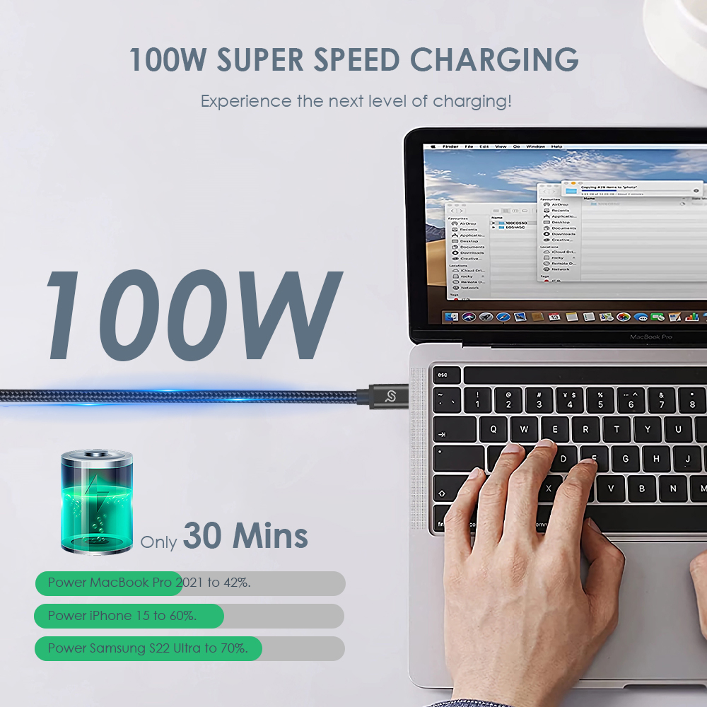 100W USB-C fast charging cable powering a MacBook Pro, illustrating super-speed charging performance