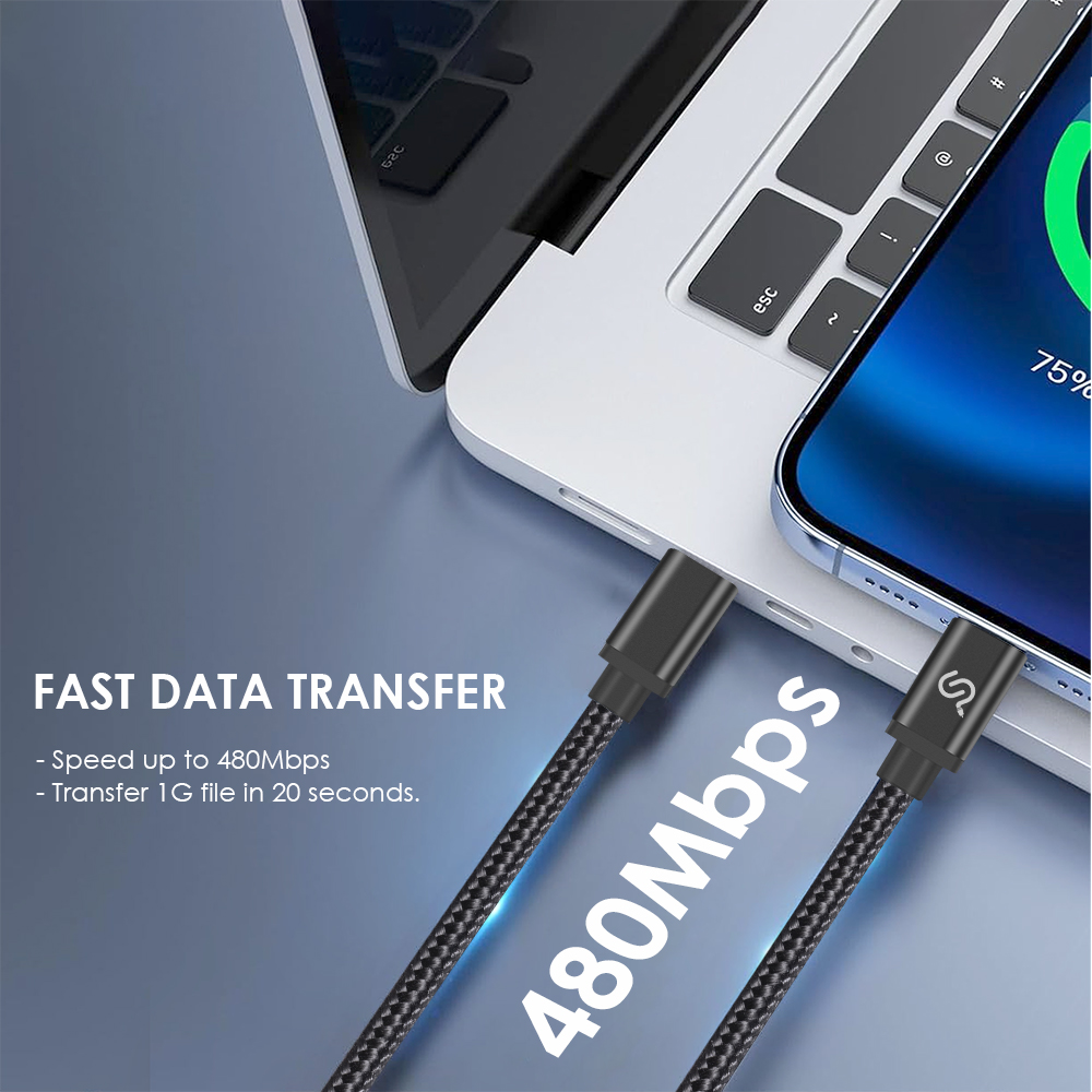 Fast data transfer magnetic USB-C cable connected to a laptop and a smartphone, showing 480Mbps speed for quick file transfer
