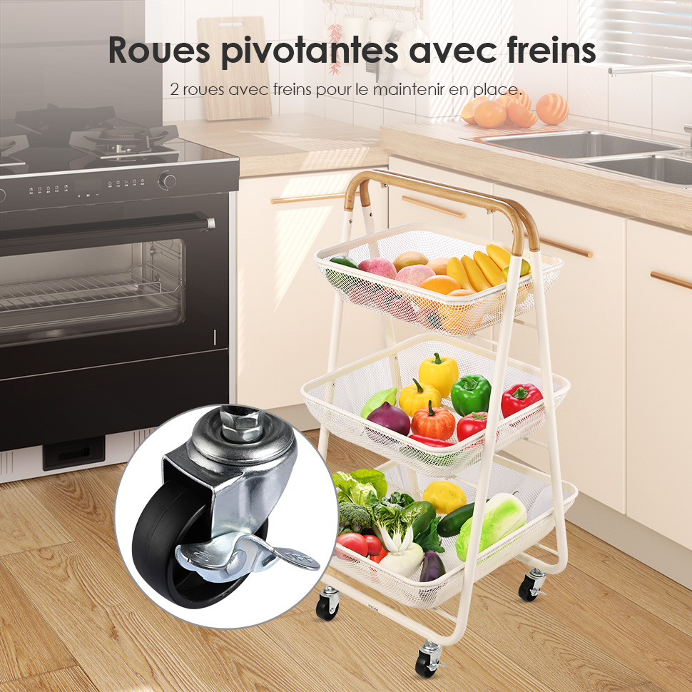 Chariot de cuisine à 5 étages avec roulettes et panier à fruits rotatif en fil métallique avec couvercle supérieur pour salon et cuisine Chariot de cuisine à 5 étages avec roulettes et panier à fruits rotatif en fil métallique avec couvercle supérieur pour salon et cuisine