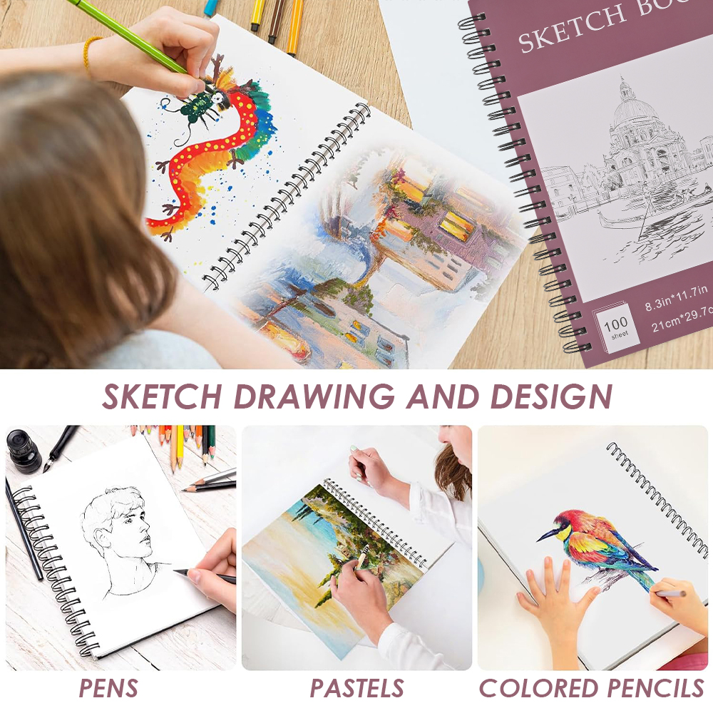 thumbnail image 2 of A4 SKETCH PAD: A4 Size 8.27 X 11.69 Inches White Paper Drawing Book Sketchbook 100 Pages 90 Gsm Ideal Drawing Art Craft Colour Pink C57 2 of 10
